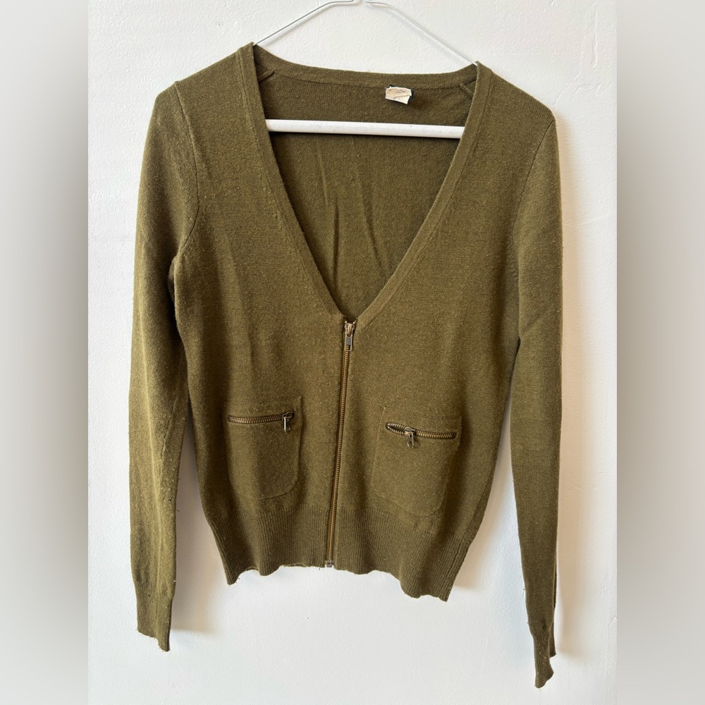 J. Crew Olive Green Wool V-Neck Zip Front Women’s Sweater XS
